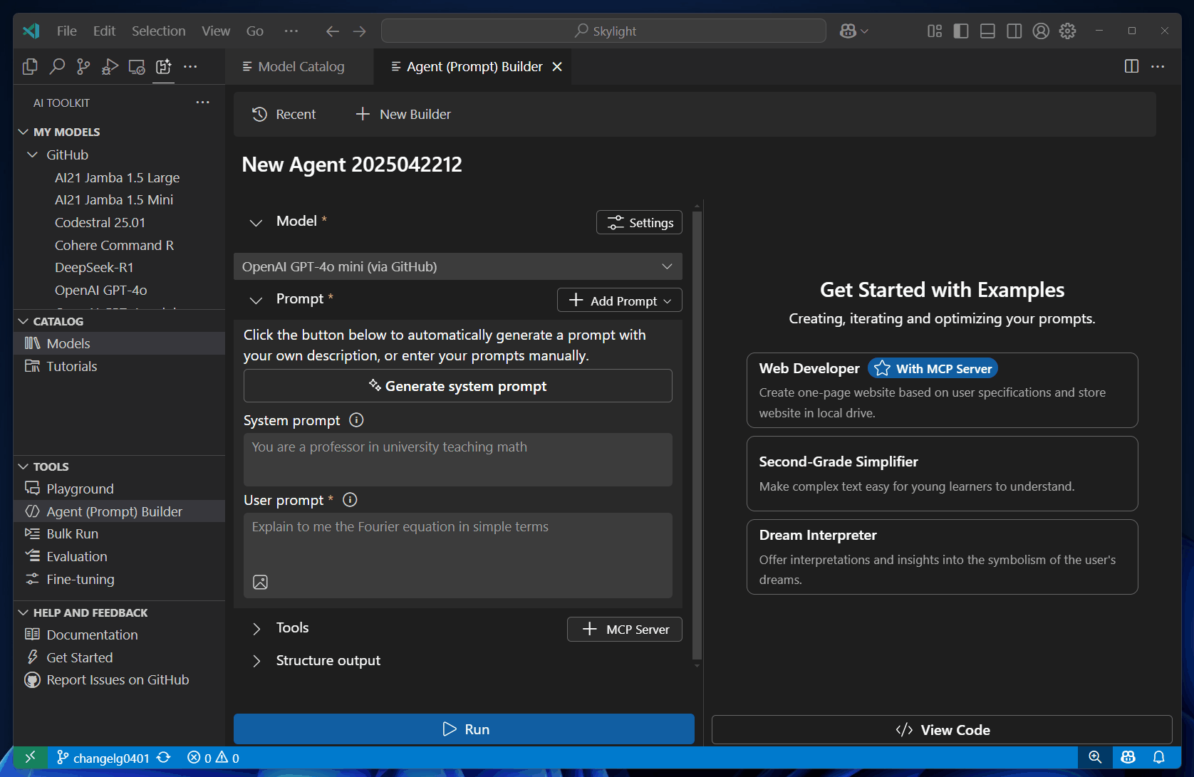 Screenshot showing natural language prompt generation in Agent Builder.
