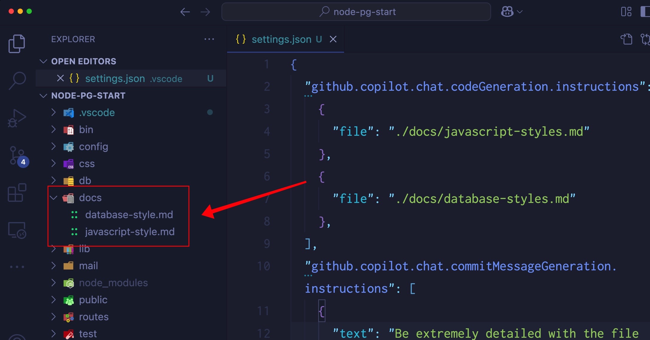 Screenshot that shows the Explorer view, highlighting the two files in the  folder and showing the custom instructions in the  file that reference these docs files.