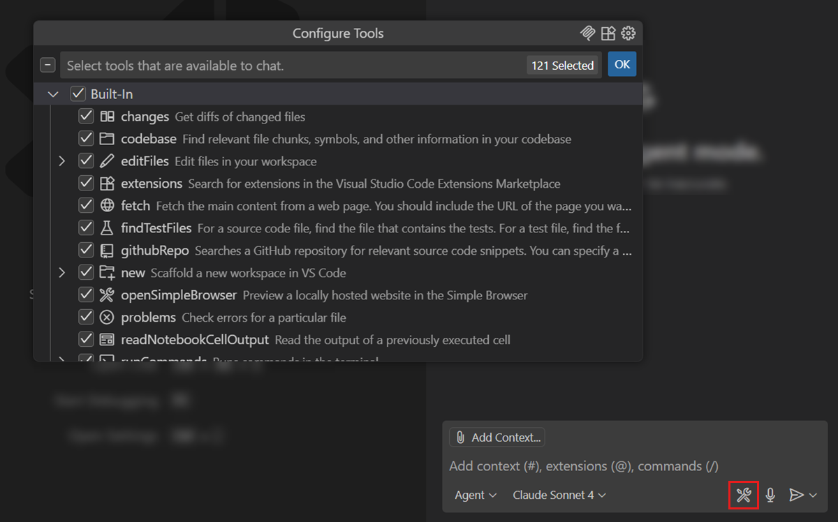 Screenshot showing the Chat view in agent mode, highlighting the Tools icon, and showing the tools Quick Pick control.