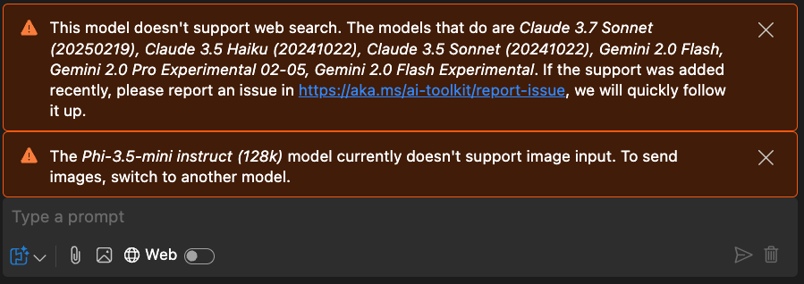 Screenshot showing warning message displayed above the chat prompt input box stating Capability not supported.