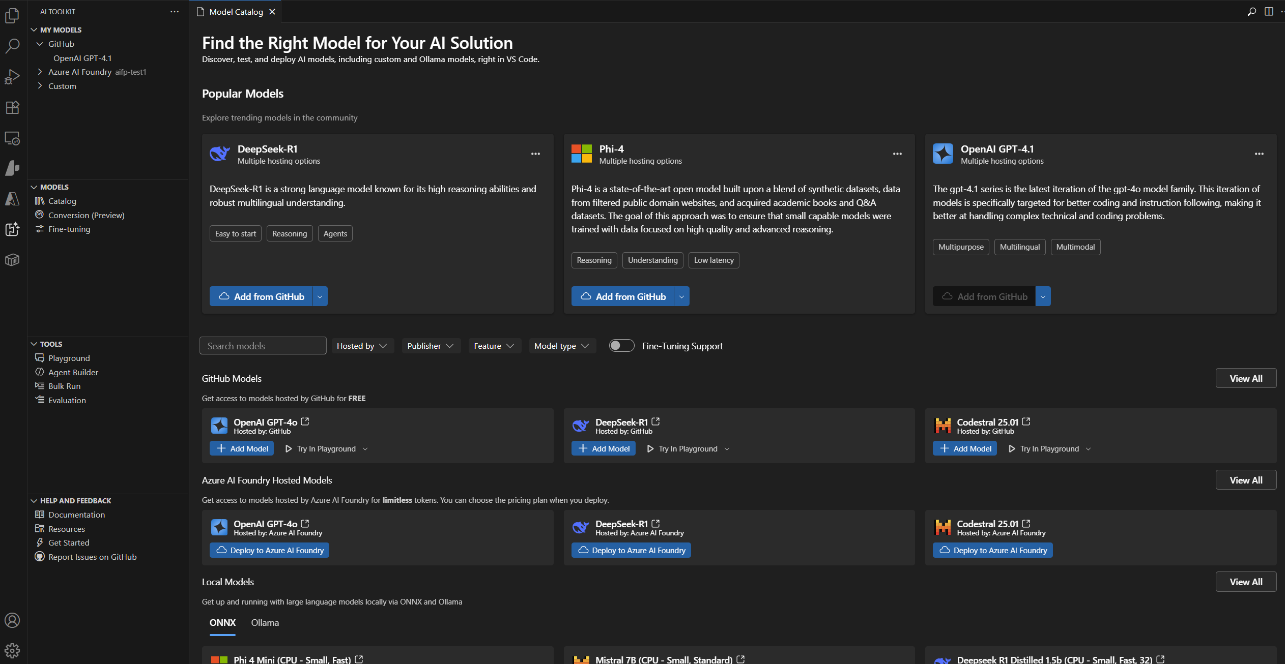 Screenshot showing the AI Toolkit Model Catalog interface with various AI model options