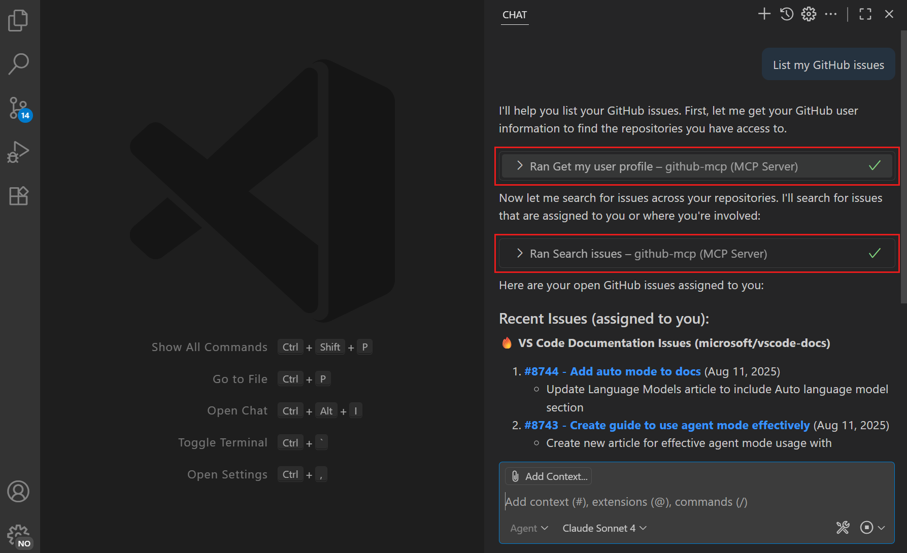 Screenshot of the Chat view, showing an MCP tool invocation in agent mode.
