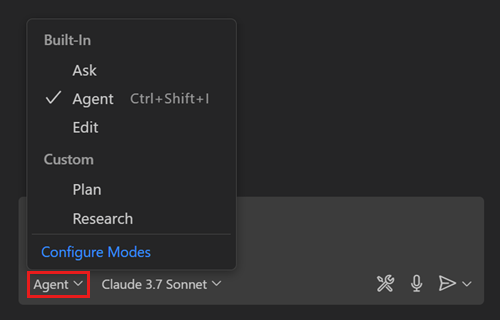 Screenshot showing the Chat view, highlighting the chat mode dropdown list.