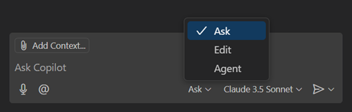Screenshot showing the Chat view, showing the mode dropdown with "Ask" selected.