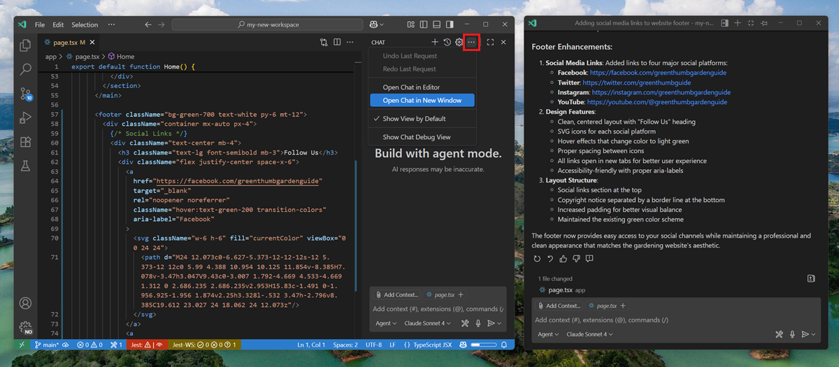 Screenshot of the Chat view, highlighting the three-dot menu that contains the Open in Editor and Open in New Window options. The desktop shows a floating window with a chat session.