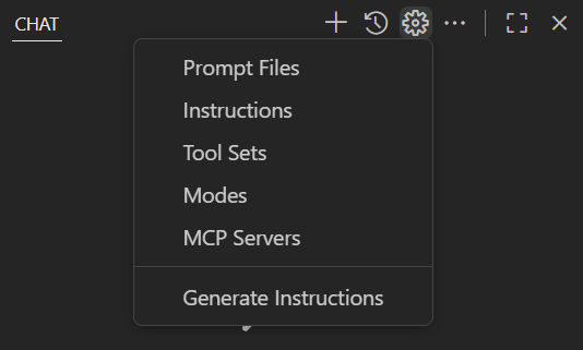 Screenshot showing the Chat view, and Configure Chat menu, highlighting the Configure Chat button.