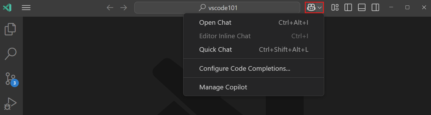 Screenshot of the Copilot Chat menu in the VS Code Command Center