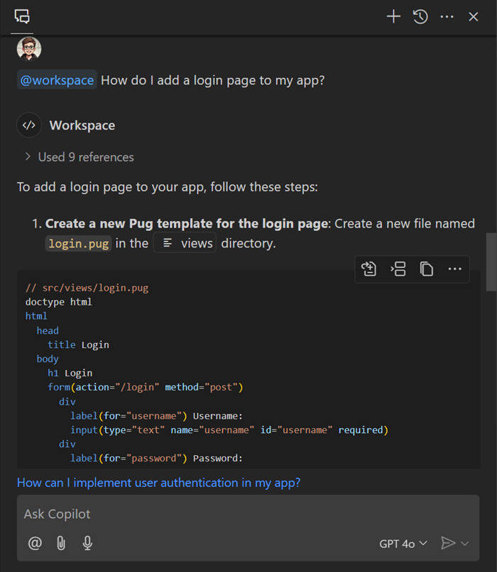 Screenshot of the Chat view asking how to add a page to a web app