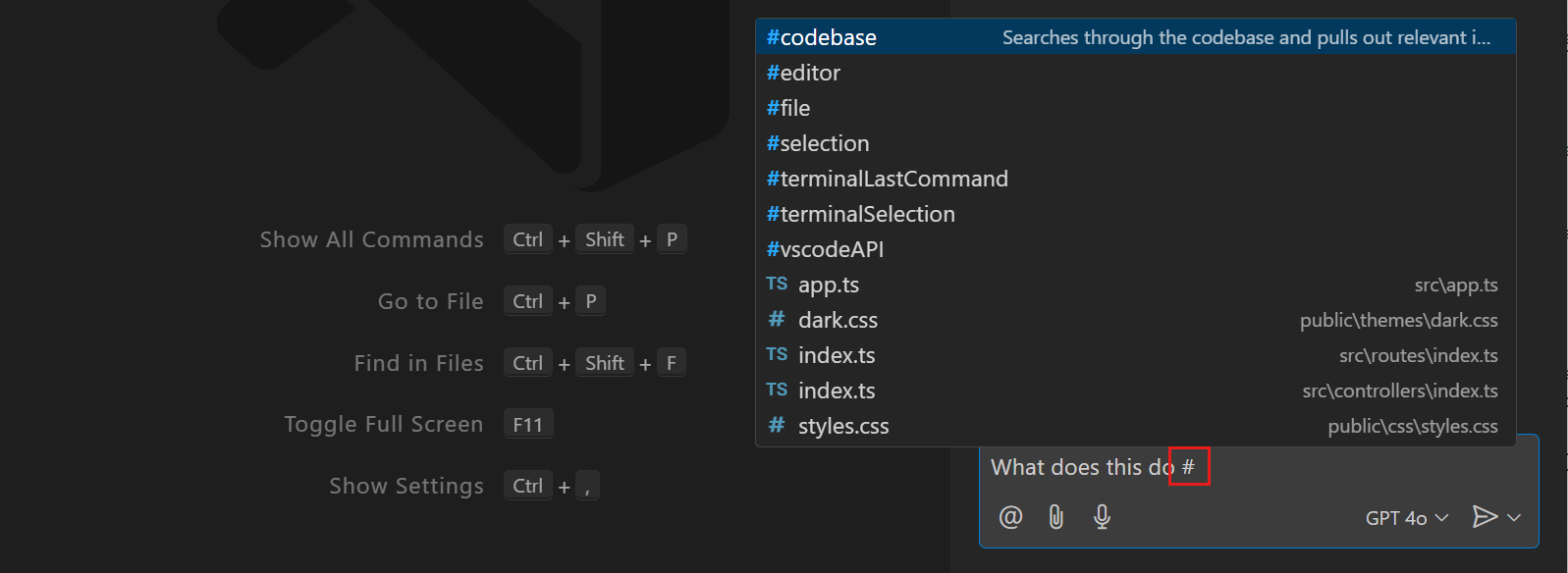 Screenshot of VS Code Chat view, showing the chat variable picker.