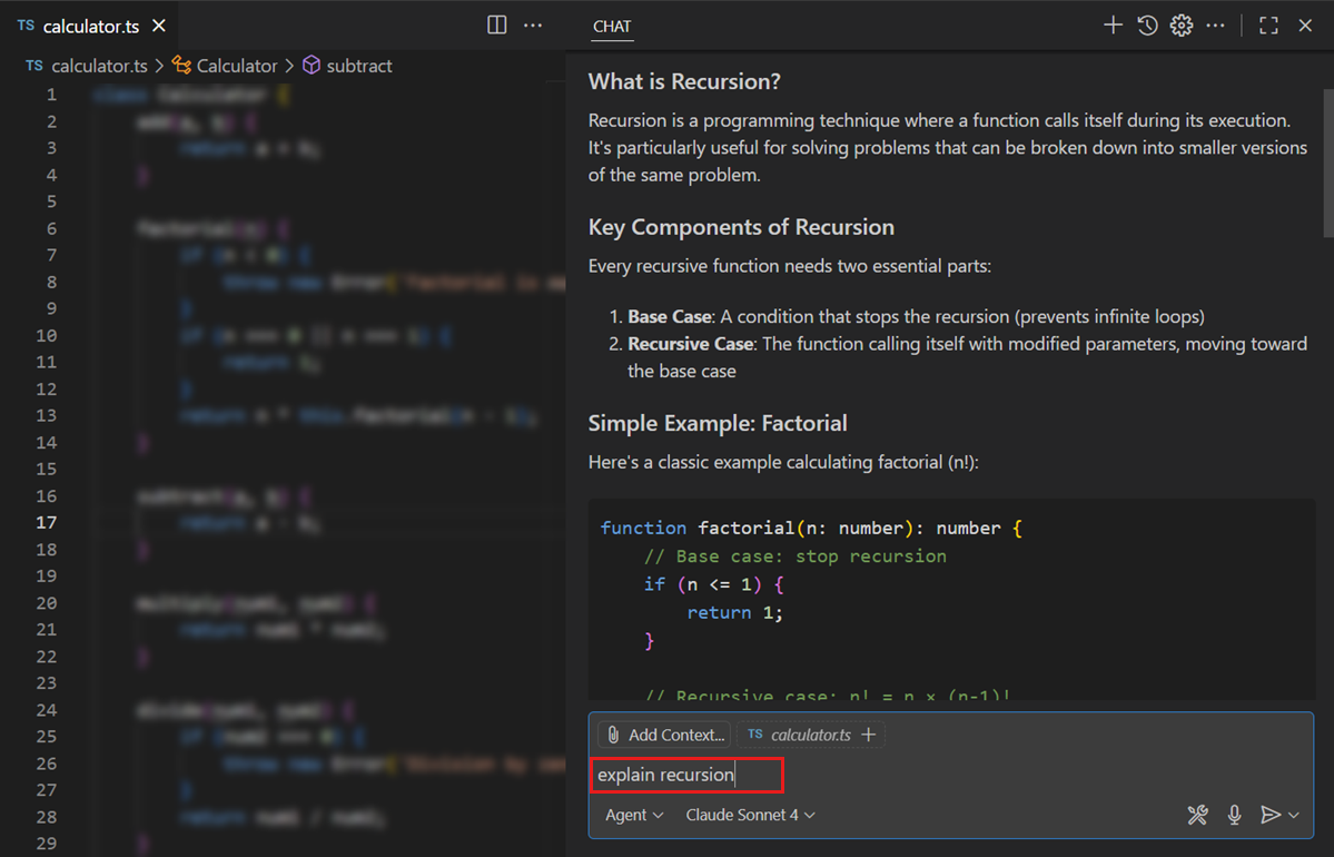 Screenshot of the Chat view in the Secondary Side Bar showing the response to 'explain recursion'.