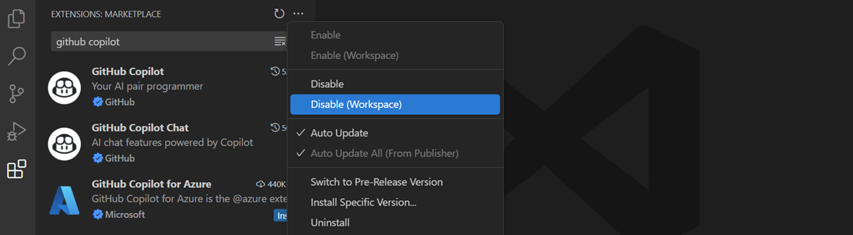 Screenshot that shows the GitHub Copilot extension in the Extensions view, with the option to disable it for the workspace.