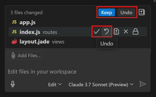 Screenshot showing the Chat view, highlighting the Accept All and Discard All buttons.