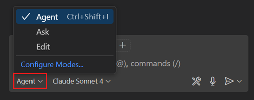Screenshot showing the Chat view, highlighting agent mode selected.