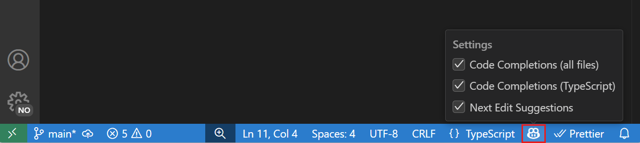 Screenshot of the Copilot menu in the Status Bar with checkboxes to enabled or disable code completions and NES.