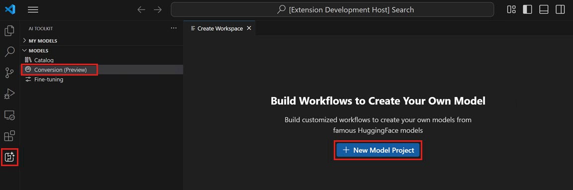 Screenshot that shows view for creating model project, including Primary Side Bar and create project button.