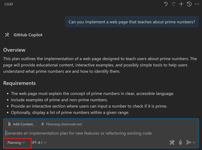 Screenshot of the custom chat mode selected in the Chat view.