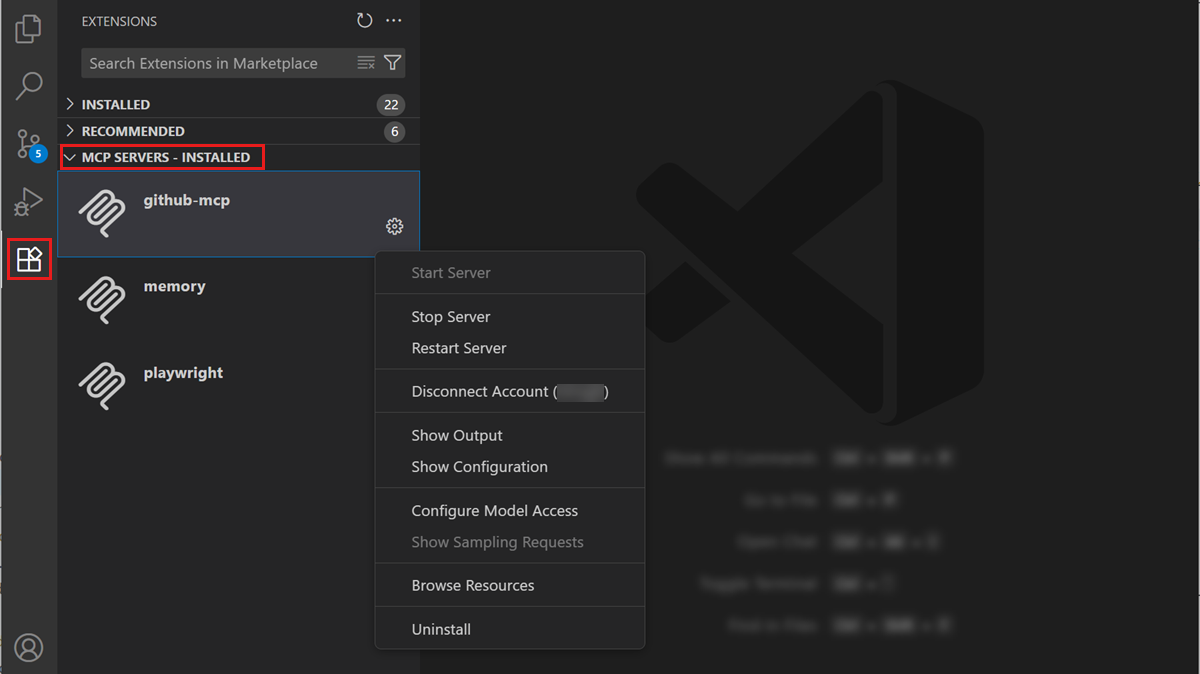 Screenshot showing the MCP servers in the Extensions view.