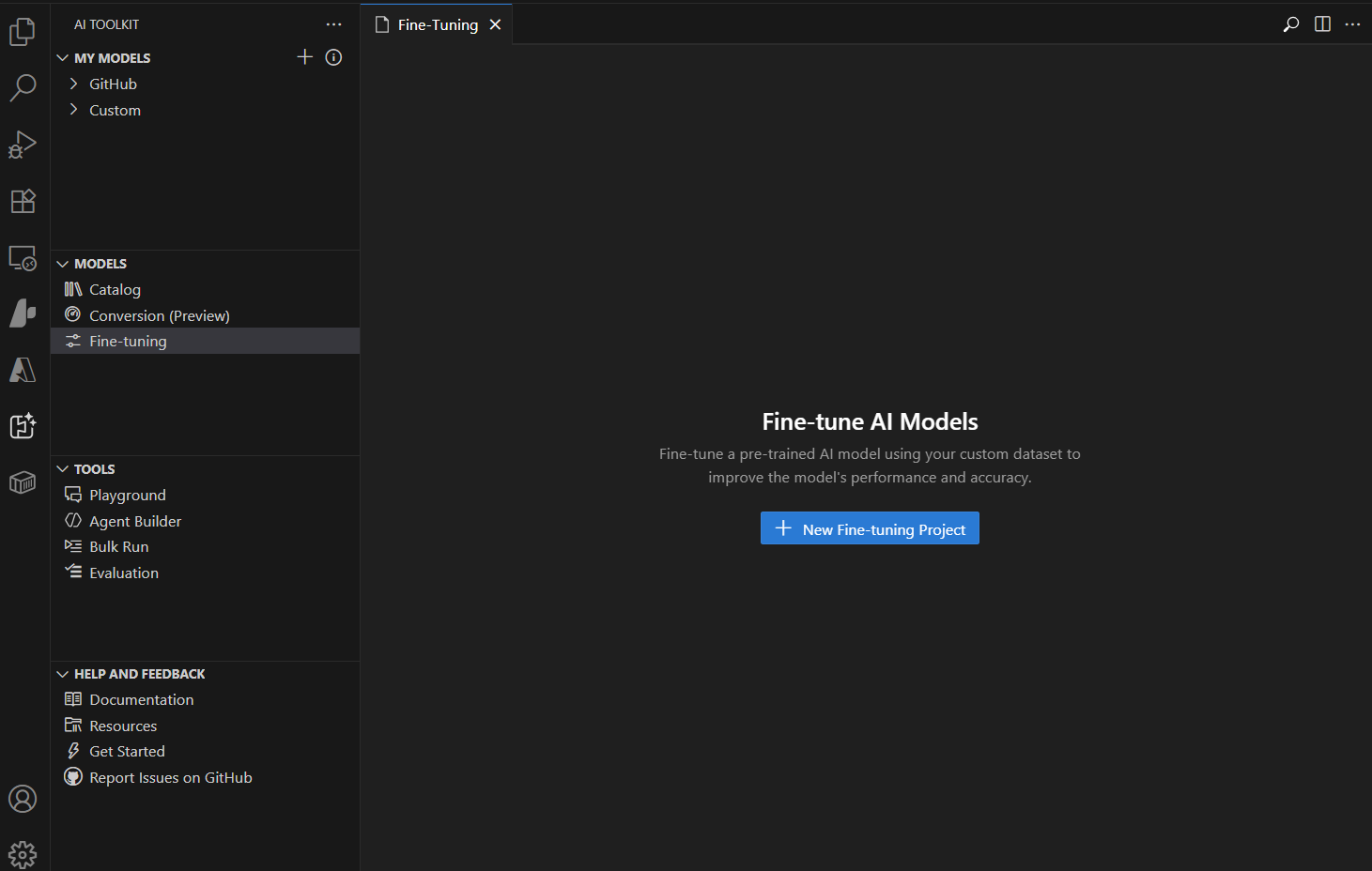 Screenshot showing the Fine-tuning interface with model adaptation and training controls