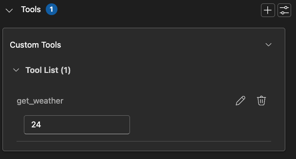 Screenshot showing a function calling tool card with weather tool configuration.