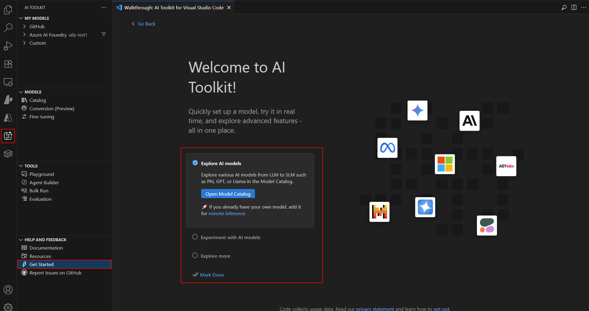 Screenshot showing the AI Toolkit view in the Side Bar, and the getting started walkthrough.