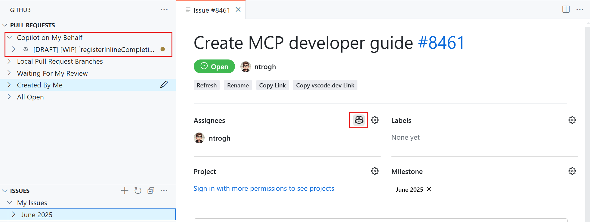 Screenshot showing the GitHub Pull Requests view, highlighting the assign to Copilot action, and the PR query for work assigned to Copilot.