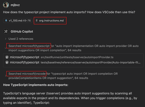 Screenshot showing using the #githubRepo tool in agent mode with hints from instructions files.