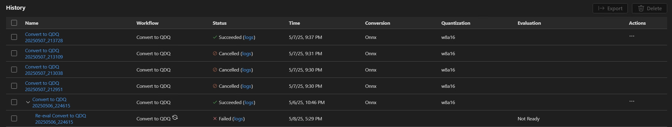 Screenshot that shows history, including name, time, parameters and so on.