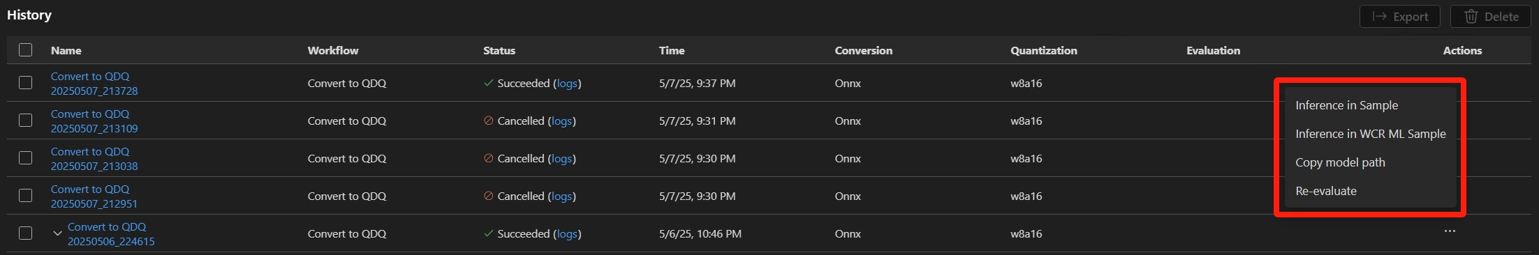 Screenshot that shows actions, including inference, copy model path and re-evaluate.