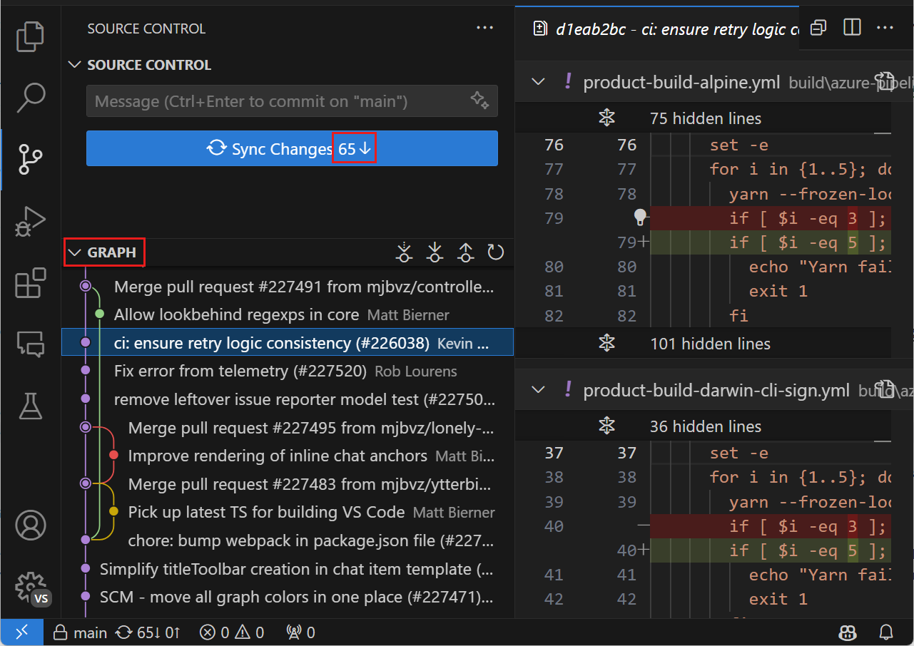 Source control view showing a graph visualization of the incoming and outgoing changes.