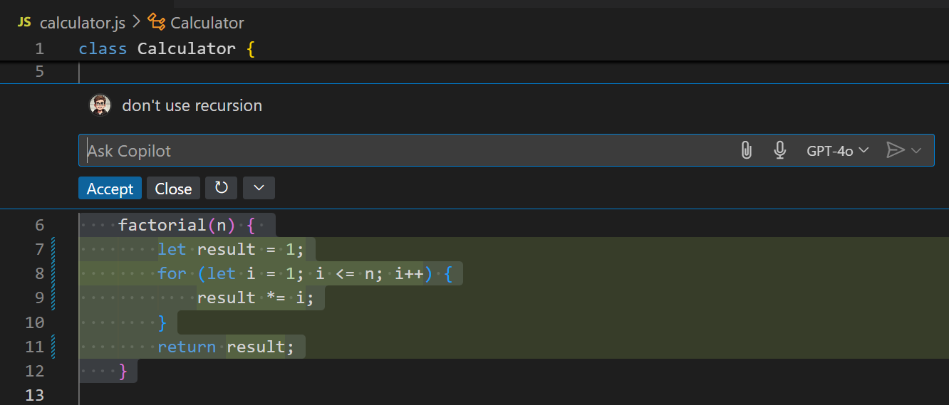Copilot Inline Chat asking to not use recursion for a factorial function.