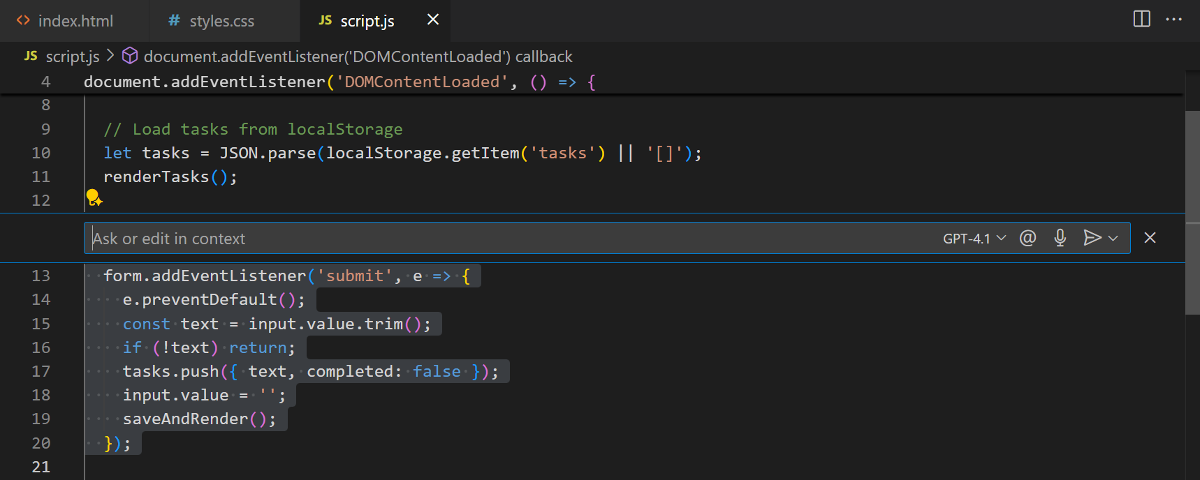 Screenshot showing inline chat starting for selected code block.