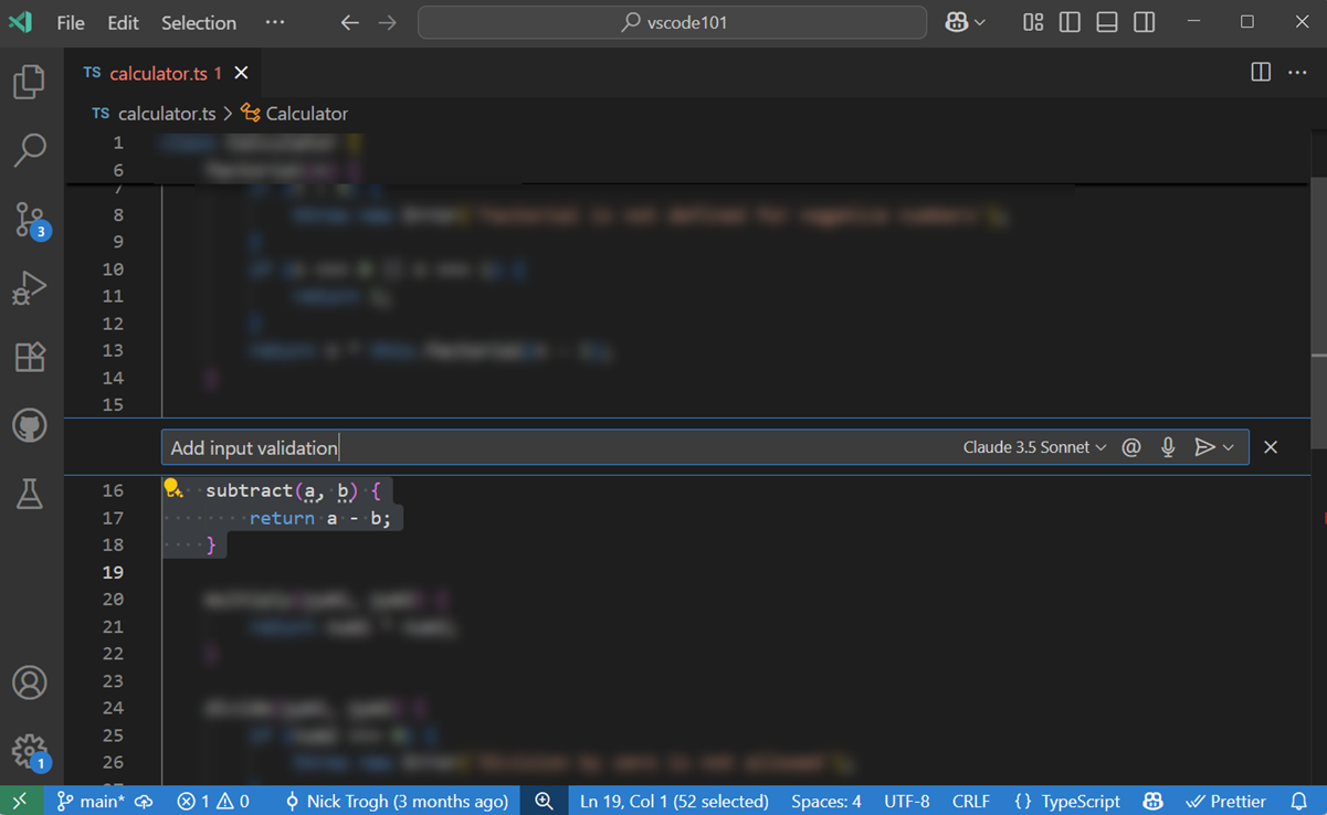 Screenshot of the Inline chat