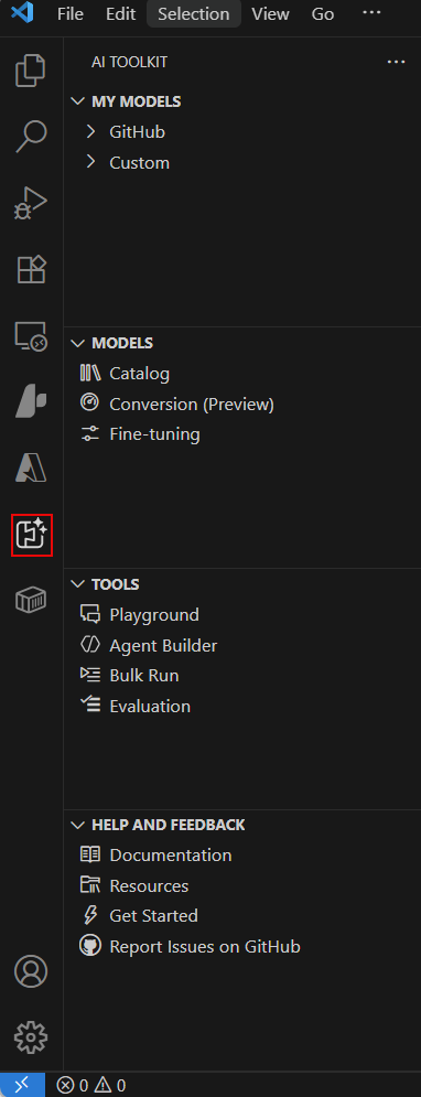 Screenshot showing the AI Toolkit icon in the VS Code Activity Bar after installation