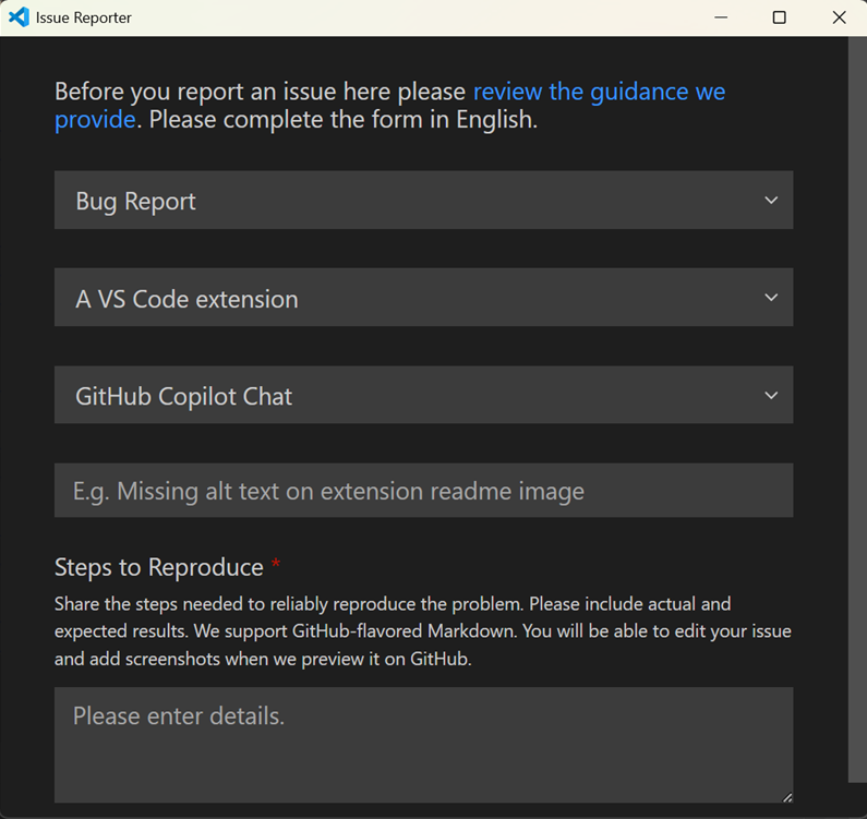 Screenshot that shows VS Code Issue Reporter with GitHub Copilot Chat selected.