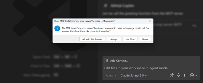 Screenshot that shows the authorization prompt for an MCP server to access models.