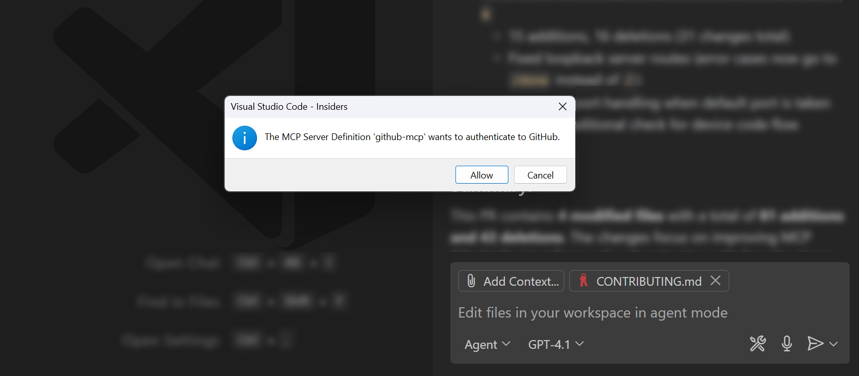 Screenshot showing the login dialog from the GitHub MCP server in VS Code.