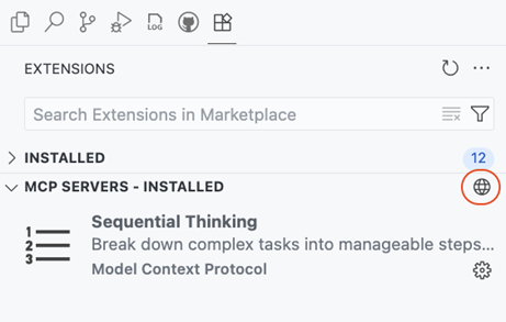 Screenshot that shows the Browse MCP Servers action in the MCP Servers view.
