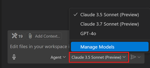 Screenshot that shows the model picker in the Chat view.