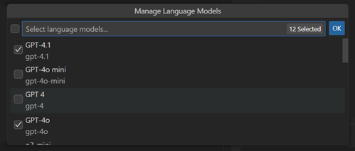 Screenshot that shows the model Quick Pick to choose which models to show in the model picker.