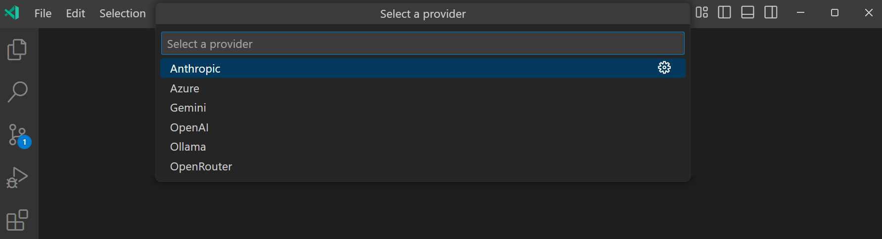 Screenshot that shows the model provider Quick Pick.
