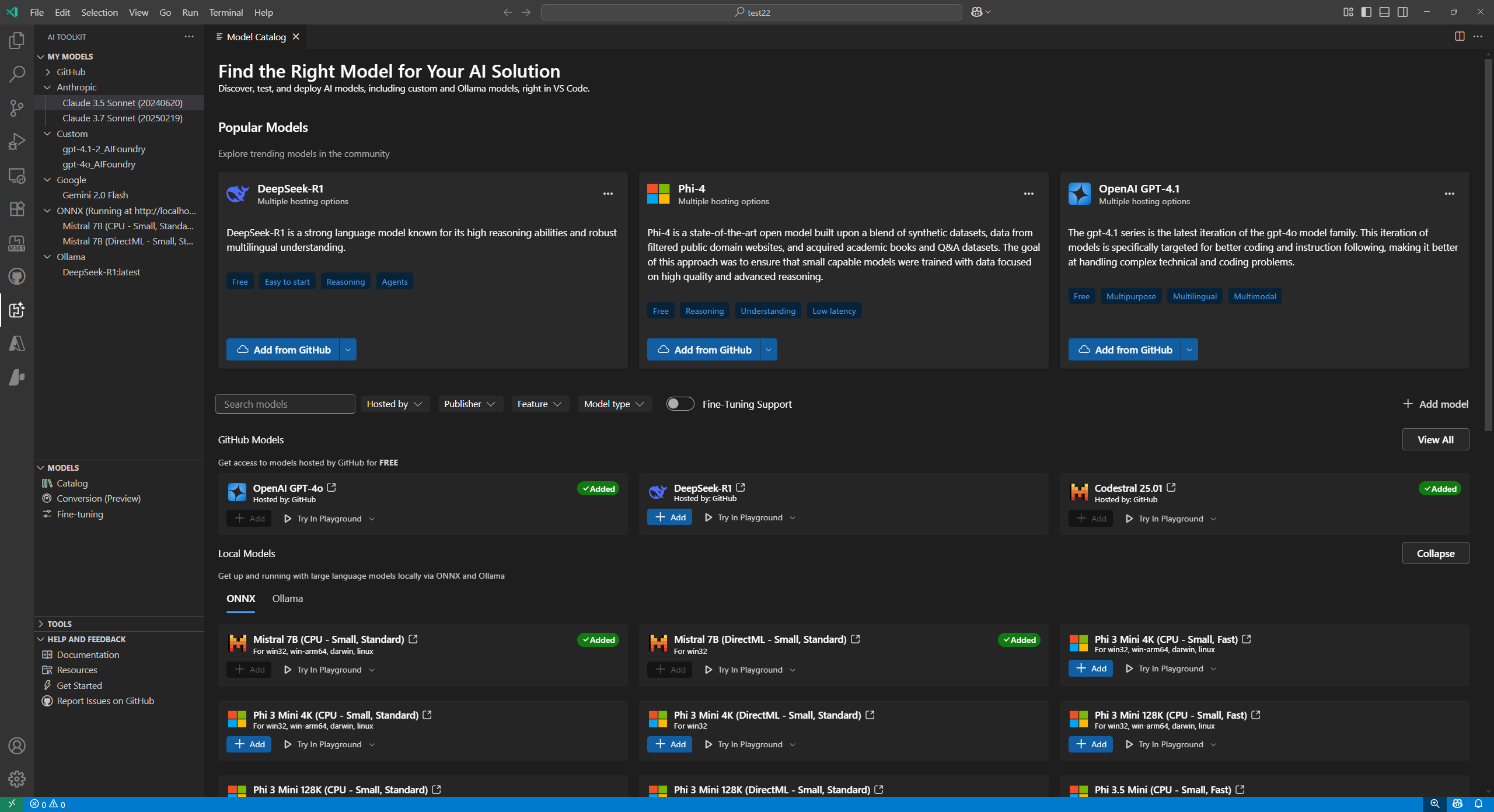 AI Toolkit model catalog displaying various generative AI models