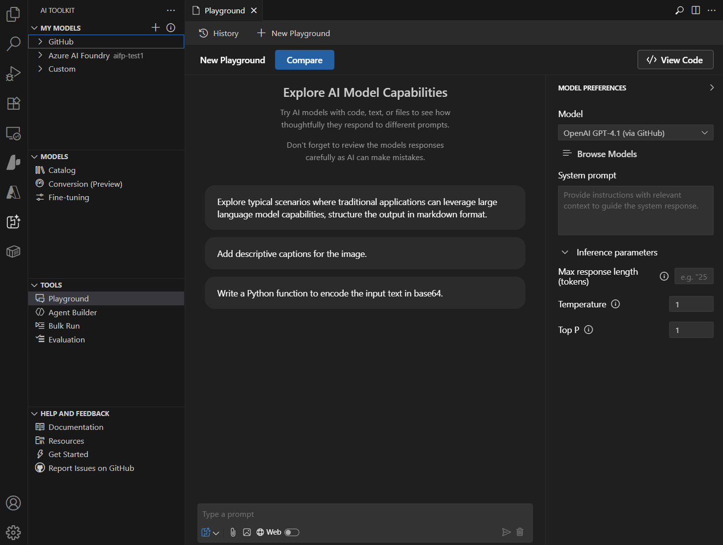 Screenshot showing the AI Toolkit Playground interface with chat messaging and model parameter controls