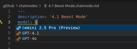 Screenshot that shows the IntelliSense for the model metadata property in chat mode file.