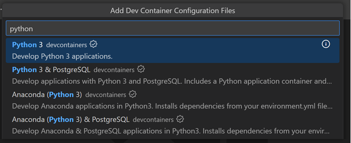 Select Python 3 dev container config in VS Code Command Palette