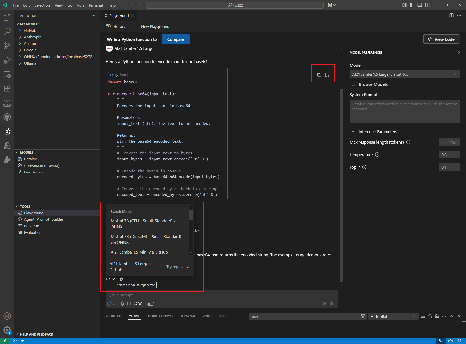 AI Toolkit playground response area showing a generated Python code snippet for encoding text in base64, with options to copy or regenerate the response.