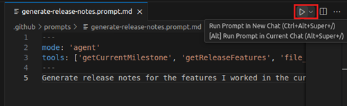 Screenshot that shows running a prompt by using the play button in the editor.