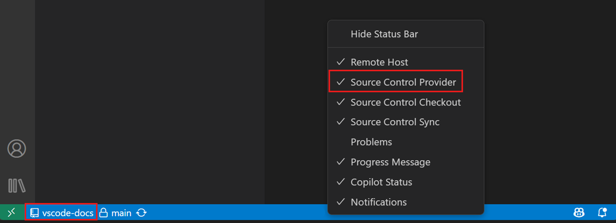 Screenshot showing the repository status bar item for workspaces that contain more than one repository.