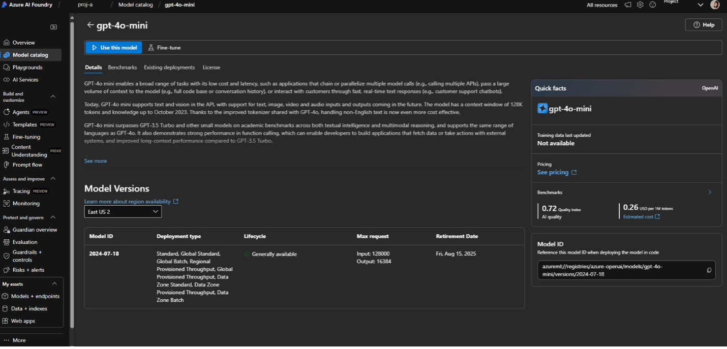 Screenshot that shows Azure AI Foundry Portal Model