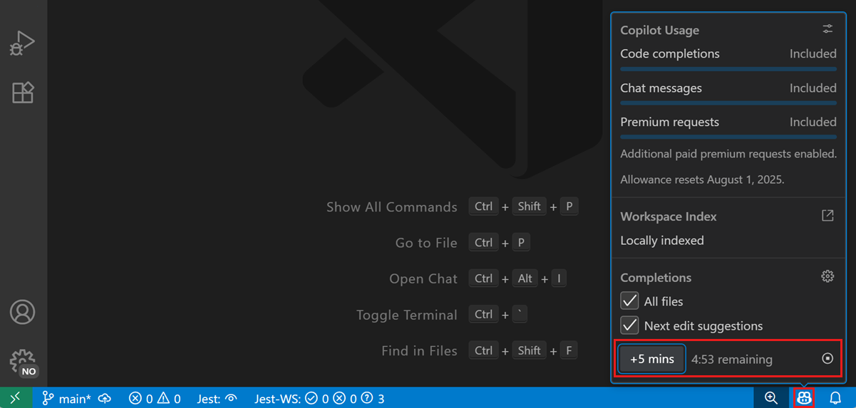 Screenshot of the Copilot menu in the Status Bar with Snooze and Cancel Snooze buttons.