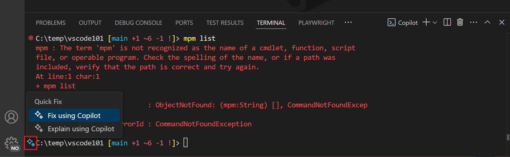 Fix with Copilot option in the terminal after a failed terminal command.
